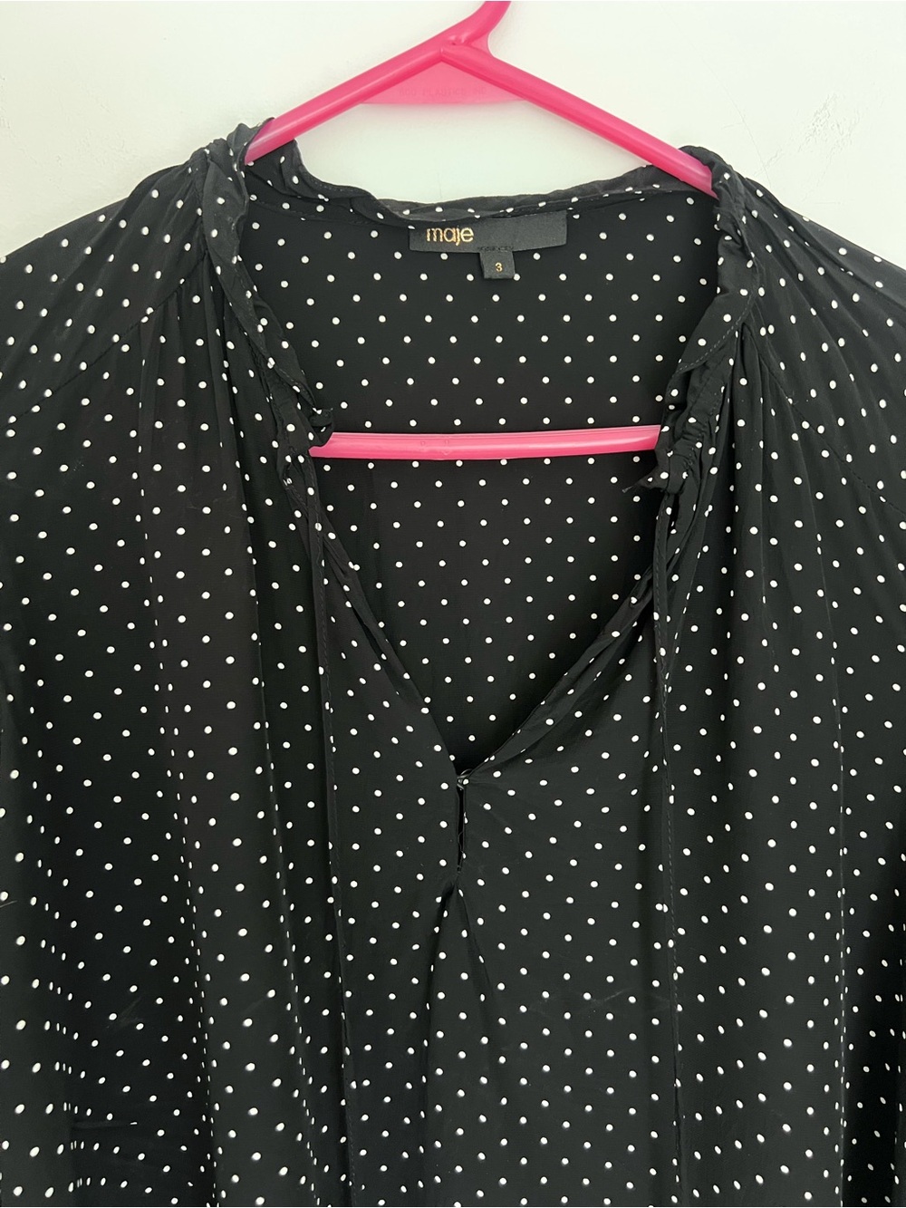 Maje Black and White Polka Dot V-Neck Blouse